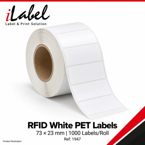  RFID Label - White PET Material Size 73mm X 23mm with 3M Core adhesive each 1000pcs per roll